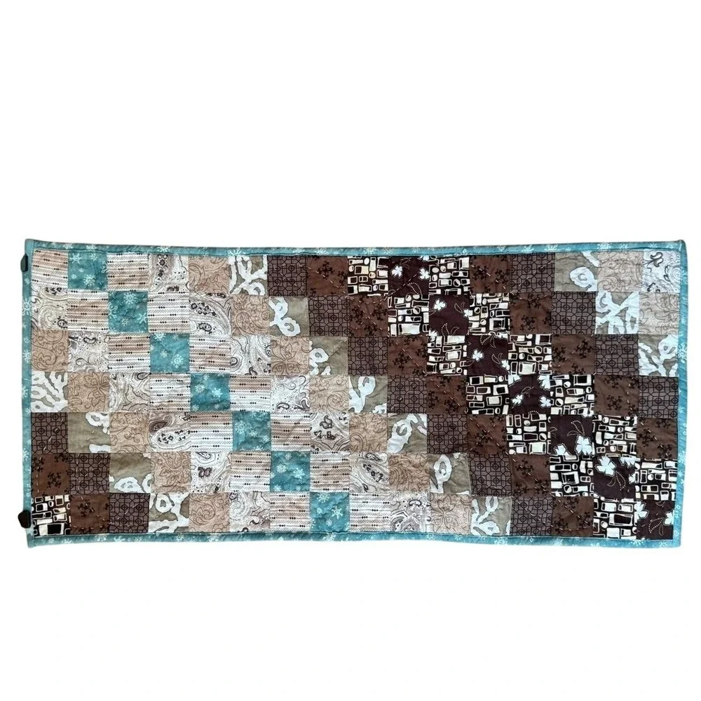 Table Runner Patchwork Quilted Handmade Teal Brown Cottage Grandma Cozy Country
